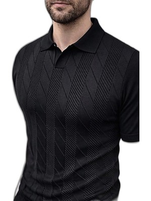 YM PAZARLAMA Erkek Yazlık Triko Dokuma Tişört Kısa Kol Polo Yaka T-Shirt - Siyah