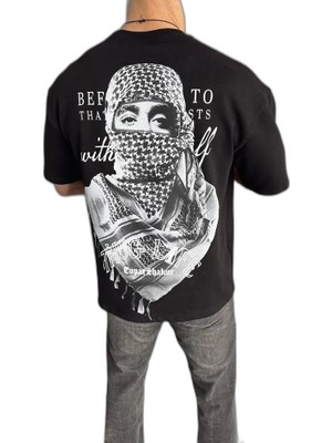 YM PAZARLAMA Erkek Kısa Kol Tişört Bisiklet Yaka Filistin Poşulu Baskılı T-Shirt - Siyah