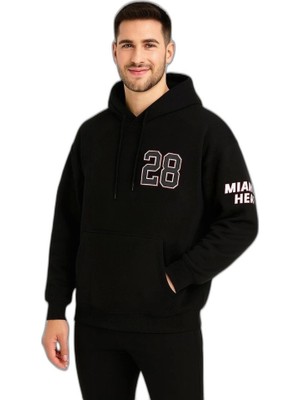 YM PAZARLAMA Erkek Kapüşonlu Kanguru Cepli Sweatshirt 3 Iplik Pamuklu Baskılı Hoodie - Siyah