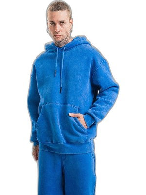YM PAZARLAMA Erkek 3 Iplik Pamuklu Oversize Kapüşonlu Yıkamalı Hoodie Sweatshirt - Mavi