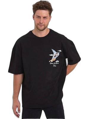 YM PAZARLAMA Erkek Melek Baskılı T-Shirt Kısa Kol Bisiklet Yaka Rahat Kalıp Günlük Tişört - Siyah