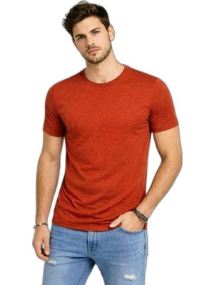 YM PAZARLAMA Erkek Flam Kumaş Melanj Dokulu Regular Fit Tişört Bisiklet Yaka Yazlık T-Shirt - Kiremit