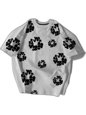 YM PAZARLAMA Erkek Tişört Ön ve Arka Baskılı Oversize Bisiklet Yaka T-Shirt- Beyaz