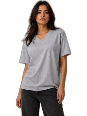 YM PAZARLAMA Kadın V Yaka Basic Tişört Kısa Kol Yazlık Regular Fit T-Shirt - Gri