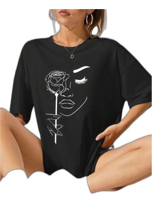 YM PAZARLAMA Kadın Tişört Baskılı Kısa Kol Oversize T-Shirt - Siyah