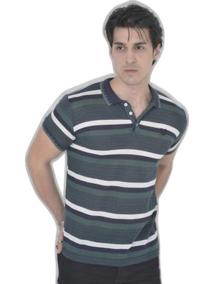 YM PAZARLAMA Erkek Polo Yaka Tişört Slim Fit Dokuma Çizgili  kısa Kol T-Shirt - Haki