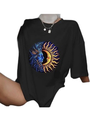 YM PAZARLAMA Kadın Baskılı T-Shirt Kısa Kol Bisiklet Yaka Oversize Rahat Kalıp Günlük Tişört   - Siyah