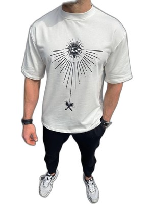 YM PAZARLAMA Erkek Kısa Kol Tişört Bisiklet Yaka Gül Baskılı Oversize T-Shirt - Beyaz
