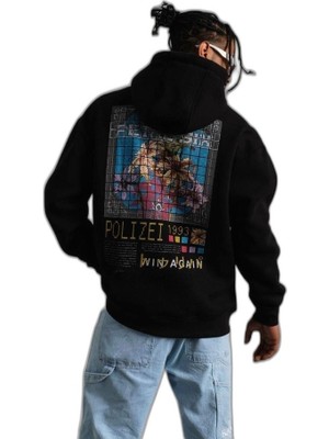 YM PAZARLAMA Erkek 3 Iplik Pamuklu Kapüşonlu Baskılı Cepli Oversize Sweatshirt Hoodie - Siyah