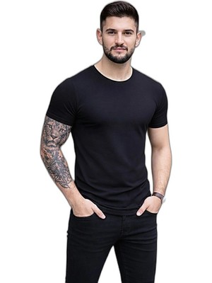 YM PAZARLAMA Erkek Body Tişört Bisiklet Yaka Slim Fit Likralı T-Shirt - Siyah