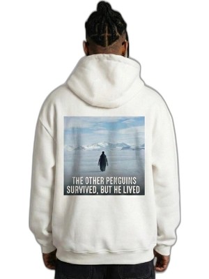 YM PAZARLAMA Erkek Survivor Penguin Baskılı 3 Iplik Pamuklu Kapüşonlu Sweatshirt Hoodie Beyaz