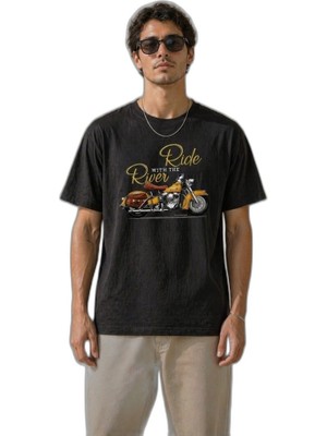 YM PAZARLAMA Erkek Motosiklet Baskılı Tişört Bisiklet Yaka Kısa Kol Yazlık T-Shirt - Siyah