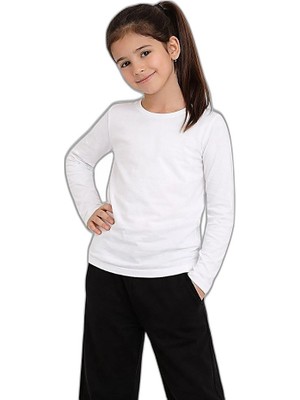 YM PAZARLAMA Kız Çocuk Basic Uzun Kollu Tişört Okul Günlük Rahat T-Shirt - Beyaz