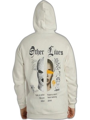 YM PAZARLAMA Erkek 3 Iplik Pamuklu Kapüşonlu Baskılı Cepli Oversize Sweatshirt Hoodie - Beyaz