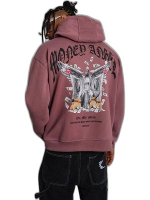 YM PAZARLAMA Erkek 3 Iplik Pamuklu Baskılı Kapüşonlu Cepli Sweatshirt Hoodie - Gül Kurusu
