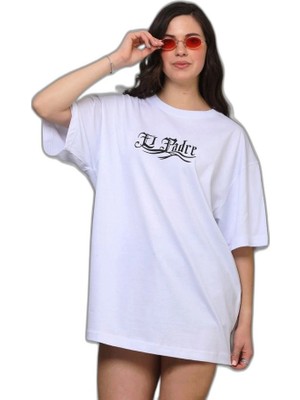 YM PAZARLAMA Kadın Kısa Kol Yazlık Tişört Bisiklet Yaka Baskılı Oversize T-Shirt - Beyaz