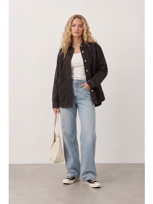 Markapia Kadın Gömlek Yaka Oversize Kahverengi Jean Ceket
