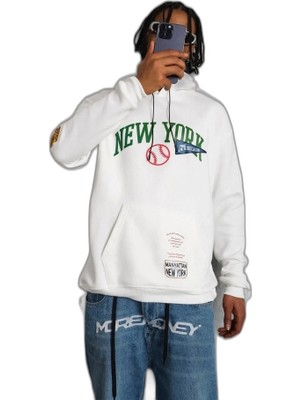 YM PAZARLAMA Erkek 3 Iplik Pamuklu Kapüşonlu Baskılı Cepli Oversize Sweatshirt Hoodie - Beyaz