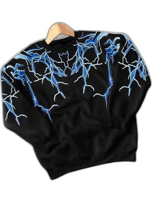 YM PAZARLAMA Kadın Yıldırım Baskılı Bisiklet Yaka 3 Iplik Pamuklu Sweatshirt - Siyah