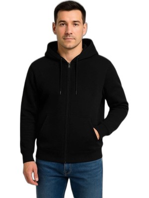 YM PAZARLAMA Erkek 3 Iplik Pamuklu Kapüşonlu Tam Fermuarlı Cepli Hoodie Sweatshirt - Siyah