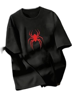 YM PAZARLAMA Kadın Kısa Kol Yazlık Tişört Bisiklet Yaka Spider Baskılı T-Shirt - Siyah