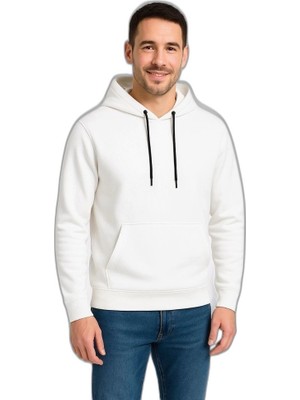 YM PAZARLAMA Erkek 3 Iplik Pamuklu Kapüşonlu Kanguru Cepli Sweatshirt Hoodie - Beyaz