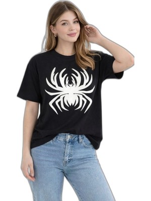 YM PAZARLAMA Kadın Örümcek Baskılı Tişört Kısa Kollu Bisiklet Yaka T-Shirt - Siyah