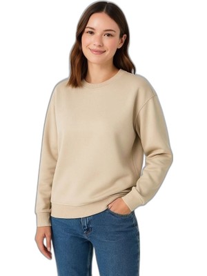 YM PAZARLAMA Kadın 3 Iplik Pamuklu Düz Bisiklet Yaka Sweatshirt - Bej