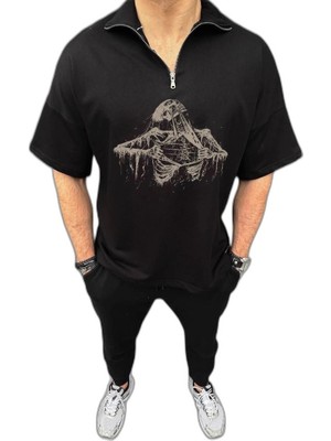 YM PAZARLAMA Erkek Yarım Fermuarlı Baskılı Oversize T-Shirt - Siyah