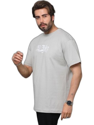 YM PAZARLAMA Erkek Kısa Kol Yazlık Tişört Bisiklet Yaka Baskılı Oversize T-Shirt - Gri