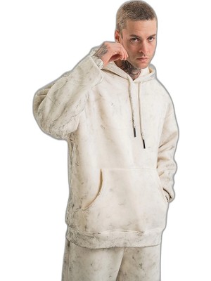 YM PAZARLAMA Erkek  3 Iplik Pamuklu Oversize Kapşonlu Yıkamalı Sweatshirt Hoodie - Krem