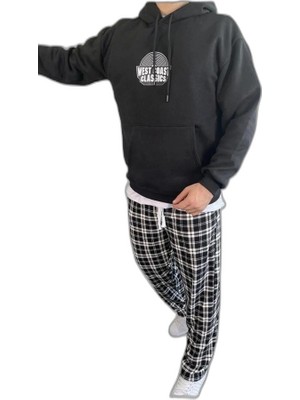 YM PAZARLAMA Erkek 3 Iplik Pamuklu Kapüşonlu Baskılı Cepli Oversize Sweatshirt Hoodie - Siyah