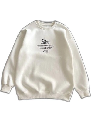 YM PAZARLAMA Kadın 3 Iplik Pamuklu Bisiklet Yaka Baskılı Sweatshirt - Beyaz