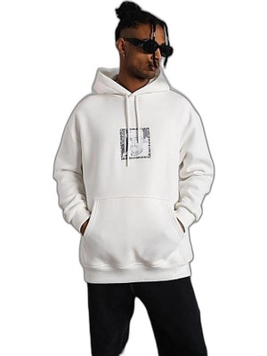 YM PAZARLAMA Erkek 3 Iplik Pamuklu Kapüşonlu Baskılı Cepli Oversize Sweatshirt Hoodie - Beyaz