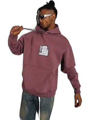 YM PAZARLAMA Erkek 3 Iplik Pamuklu Kapüşonlu Baskılı Cepli Sweatshirt Hoodie - Gül Kurusu