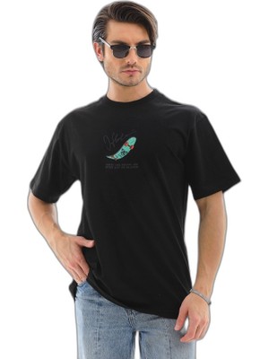 YM PAZARLAMA Erkek Kısa Kol Yazlık Tişört Bisiklet Yaka Baskılı Oversize T-Shirt - Siyah