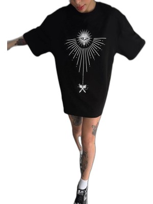 YM PAZARLAMA Kadın Bisiklet Yaka Baskılı Oversize  Kısa Kol T-Shirt - Siyah