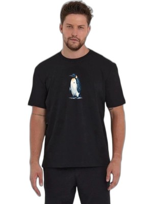 YM PAZARLAMA Erkek T-Shirt Penguen Baskılı Bisiklet Yaka Kısa Kol Yazlık Tişört - Siyah