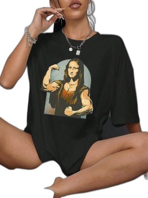 YM PAZARLAMA Kadın Baskılı T-Shirt Kısa Kol Bisiklet Yaka Oversize Rahat Kalıp Tişört - Siyah