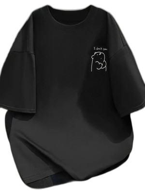 YM PAZARLAMA Kadın Tişört Bisiklet Yaka Kısa Kol Eğlenceli Karikatür T-Shirt - Siyah