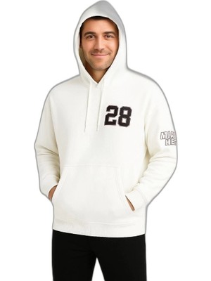 YM PAZARLAMA Erkek Kapüşonlu Kanguru Cepli Sweatshirt 3 Iplik Pamuklu Baskılı Hoodie - Beyaz