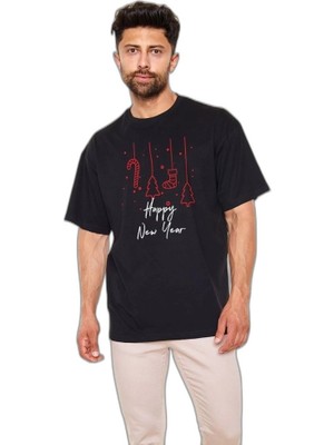 YM PAZARLAMA Erkek Kısa Kol Tişört Bisiklet Yaka Yeni Yıl Baskılı T-Shirt - Siyah