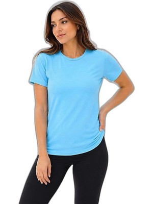 YM PAZARLAMA Kadın Basic Tişört Bisiklet Yaka Kısa Kol Günlük Yazlık Slim Fit T-Shirt - Turkuaz