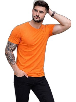 YM PAZARLAMA Erkek Body Tişört Bisiklet Yaka Slim Fit Likralı T-Shirt - Turuncu