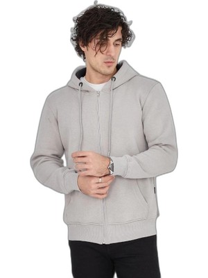 YM PAZARLAMA Erkek 3 Iplik Pamuklu Kapüşonlu Tam Fermuarlı Cepli Hoodie Sweatshirt - Boyalı Gri