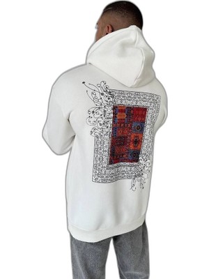 YM PAZARLAMA Erkek Kapüşonlu Kanguru Cepli Sweatshirt 3 Iplik Pamuklu Baskılı Hoodie - Beyaz