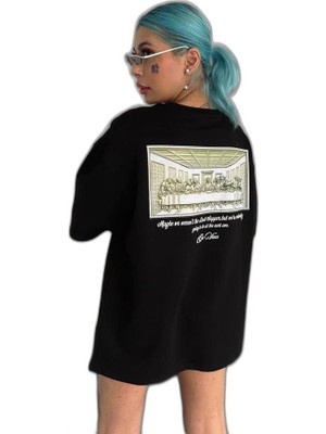 YM PAZARLAMA Kadın Baskılı T-Shirt Kısa Kol Bisiklet Yaka Oversize Rahat Kalıp Günlük Tişört - Siyah