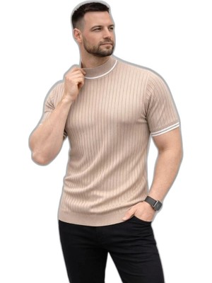YM PAZARLAMA Erkek Fitilli Triko Dokuma Kısa Kol Tişört Yarım Boğaz Modern Yazlık T-Shirt - Bej