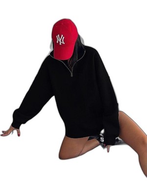 YM PAZARLAMA Kadın 3 Iplik Pamuklu Oversize Yarım Fermuarlı Yakalı Basic Sweatshirt - Siyah