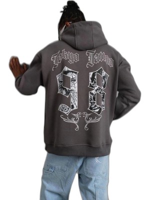 YM PAZARLAMA Erkek 3 Iplik Pamuklu Kapüşonlu Baskılı Cepli Oversize Sweatshirt Hoodie - Gri